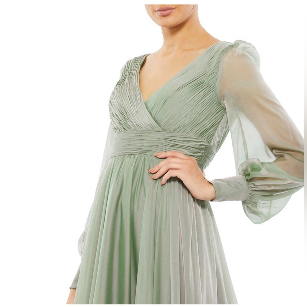 Mac Duggal FAUX WRAP ILLUSION BISHOP SLEEVE TIERED GOWN Sage NWT - Picture 4 of 16